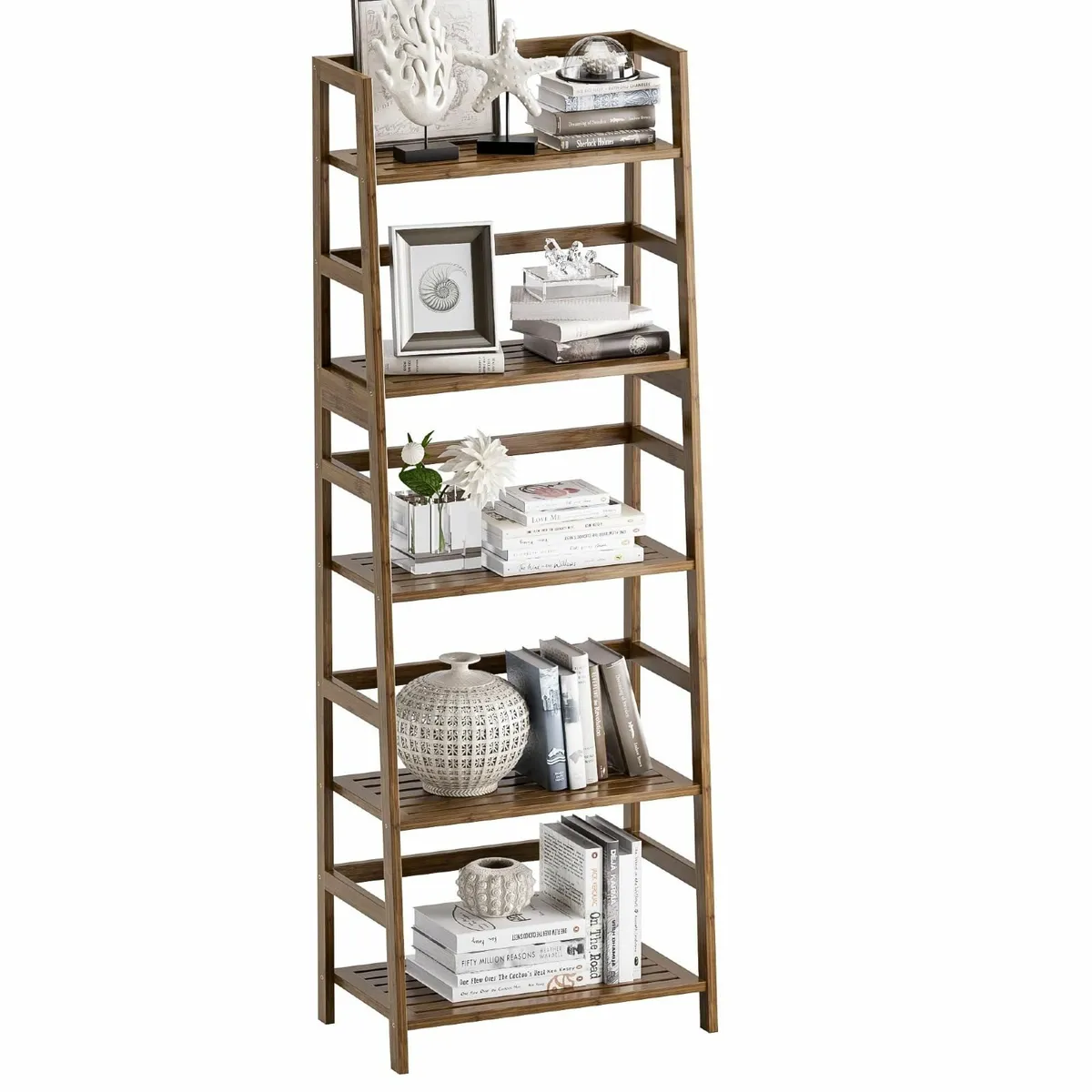 Ladder Shelf 5-Tier Bookshelf All Bamboo Heavy - Image 1