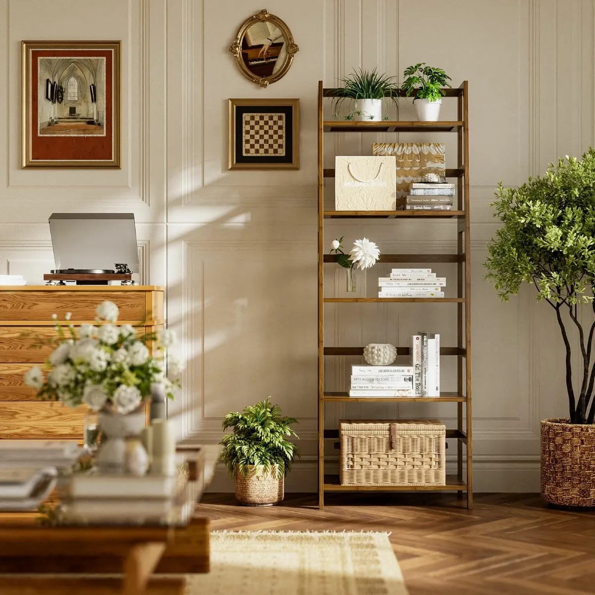 Ladder Shelf 5-Tier Bookshelf All Bamboo Heavy - Image 2