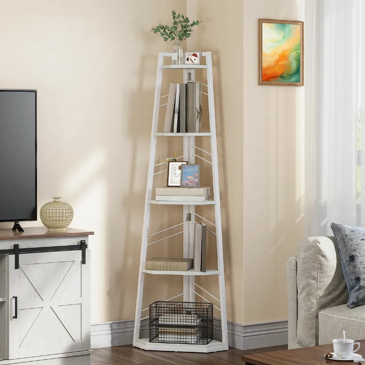 Corner Shelf 5 Tier Industrial Bookshelf Modern - Image 1