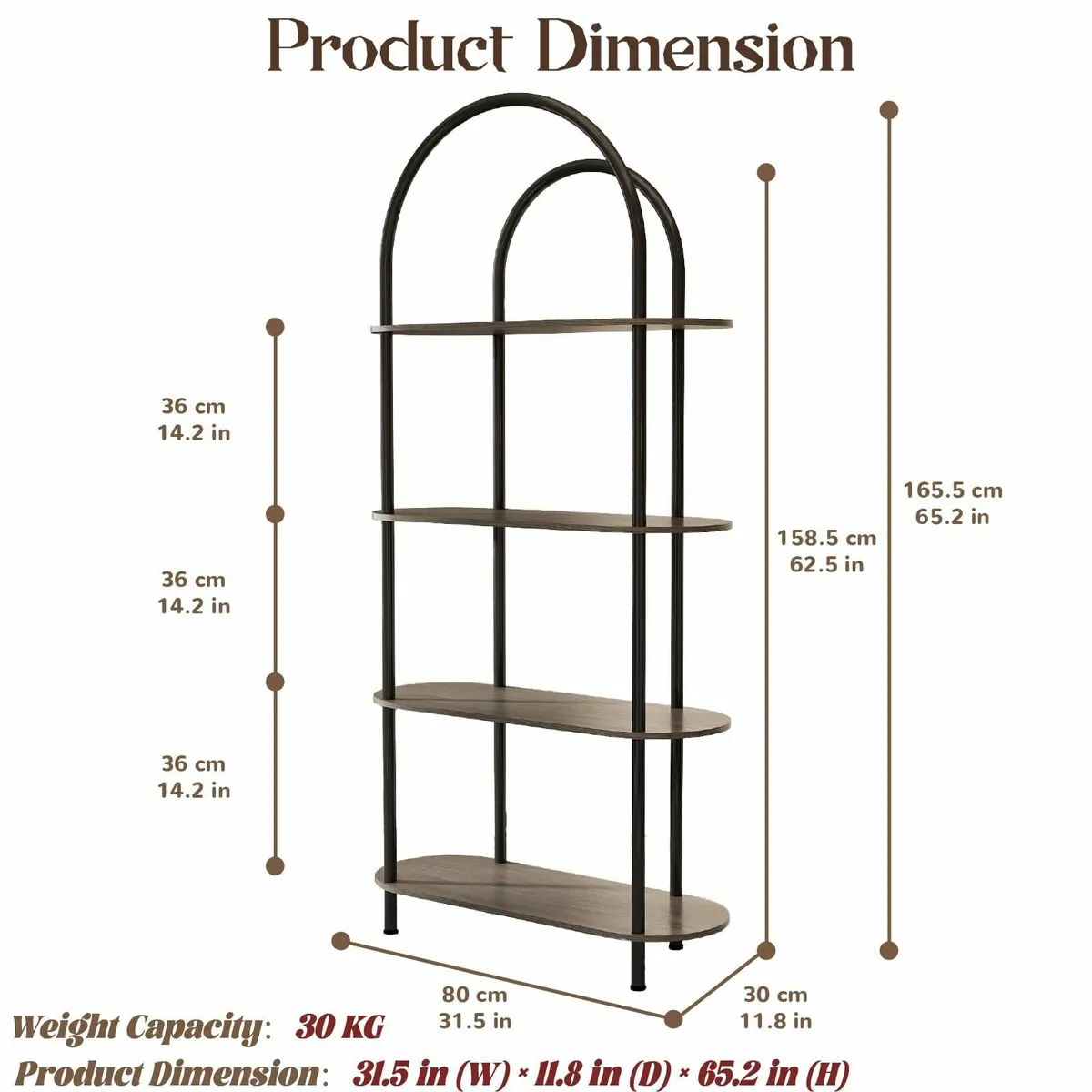 4-Tier Arched Bookshelf Bookcase with Metal Frame - Image 1