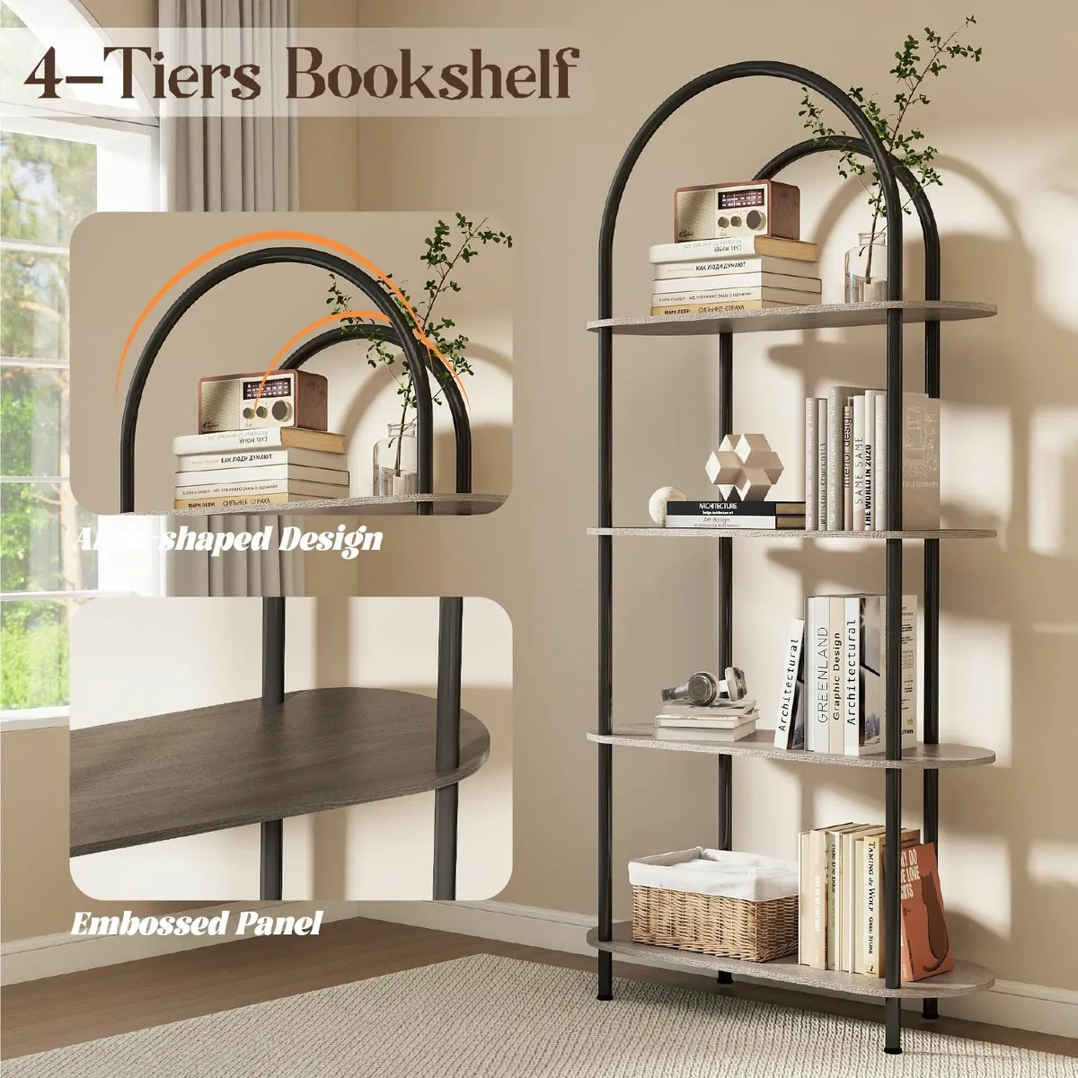 4-Tier Arched Bookshelf Bookcase with Metal Frame - Image 2