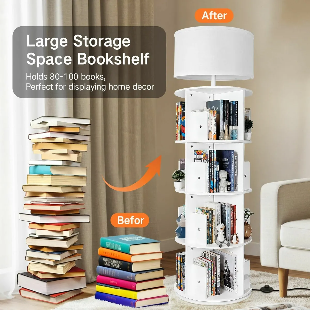 5 Tier Rotating Bookshelf with Light Round - Image 3