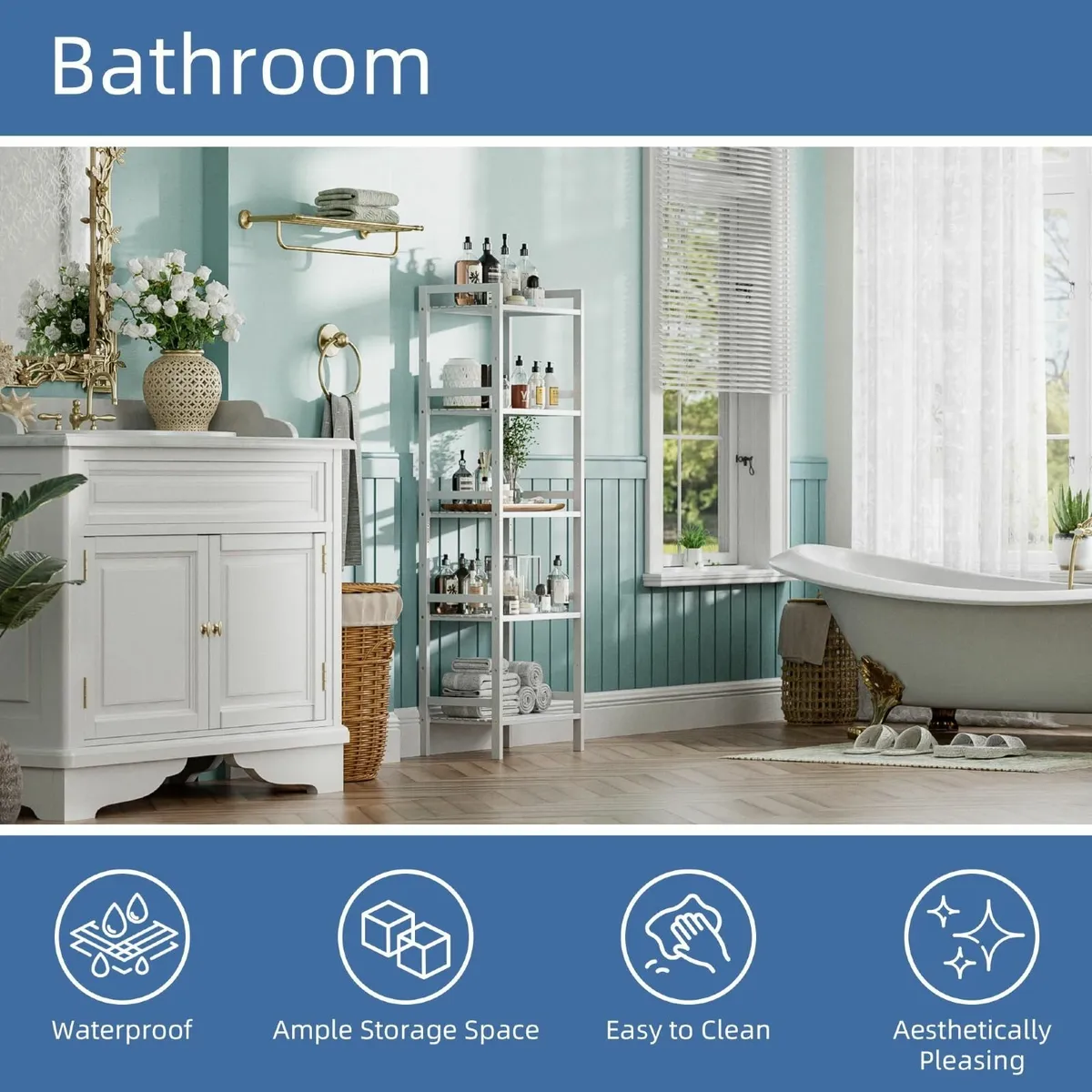 White Bamboo Bookshelf Tall Narrow Bookcase - Image 3