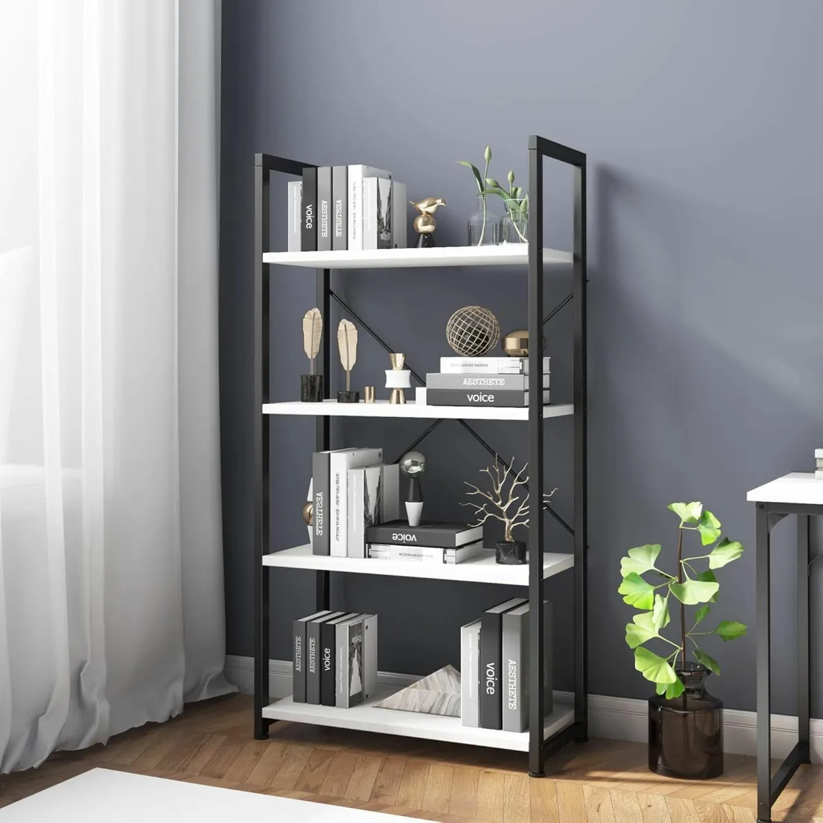 Industrial Bookshelf 4-Tier 24inch White Shelving - Image 1