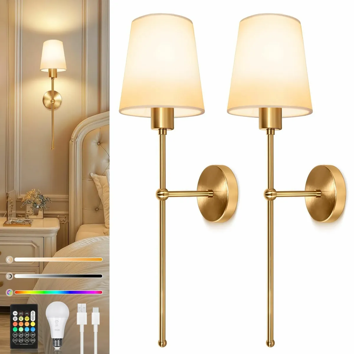 Battery Operated Wall Lights Set of 2 Rechargeable - Image 1