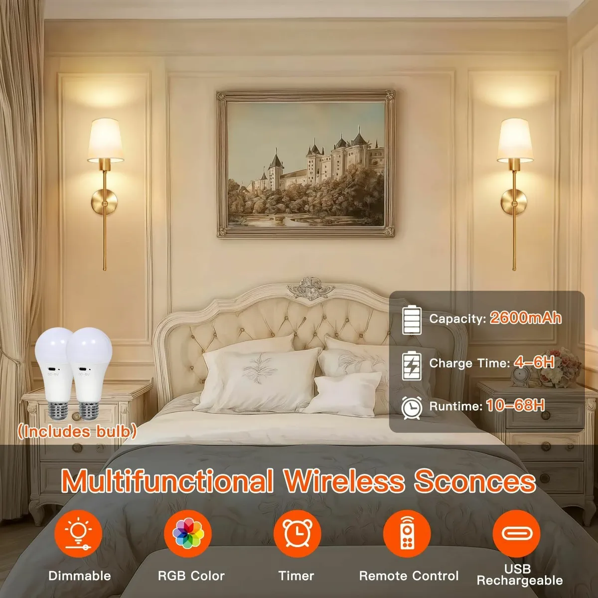 Battery Operated Wall Lights Set of 2 Rechargeable - Image 2