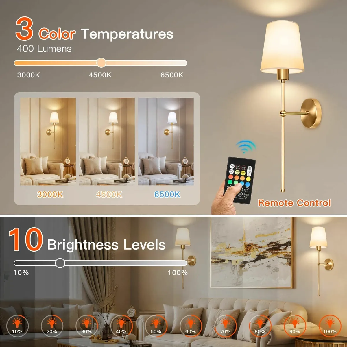 Battery Operated Wall Lights Set of 2 Rechargeable - Image 3