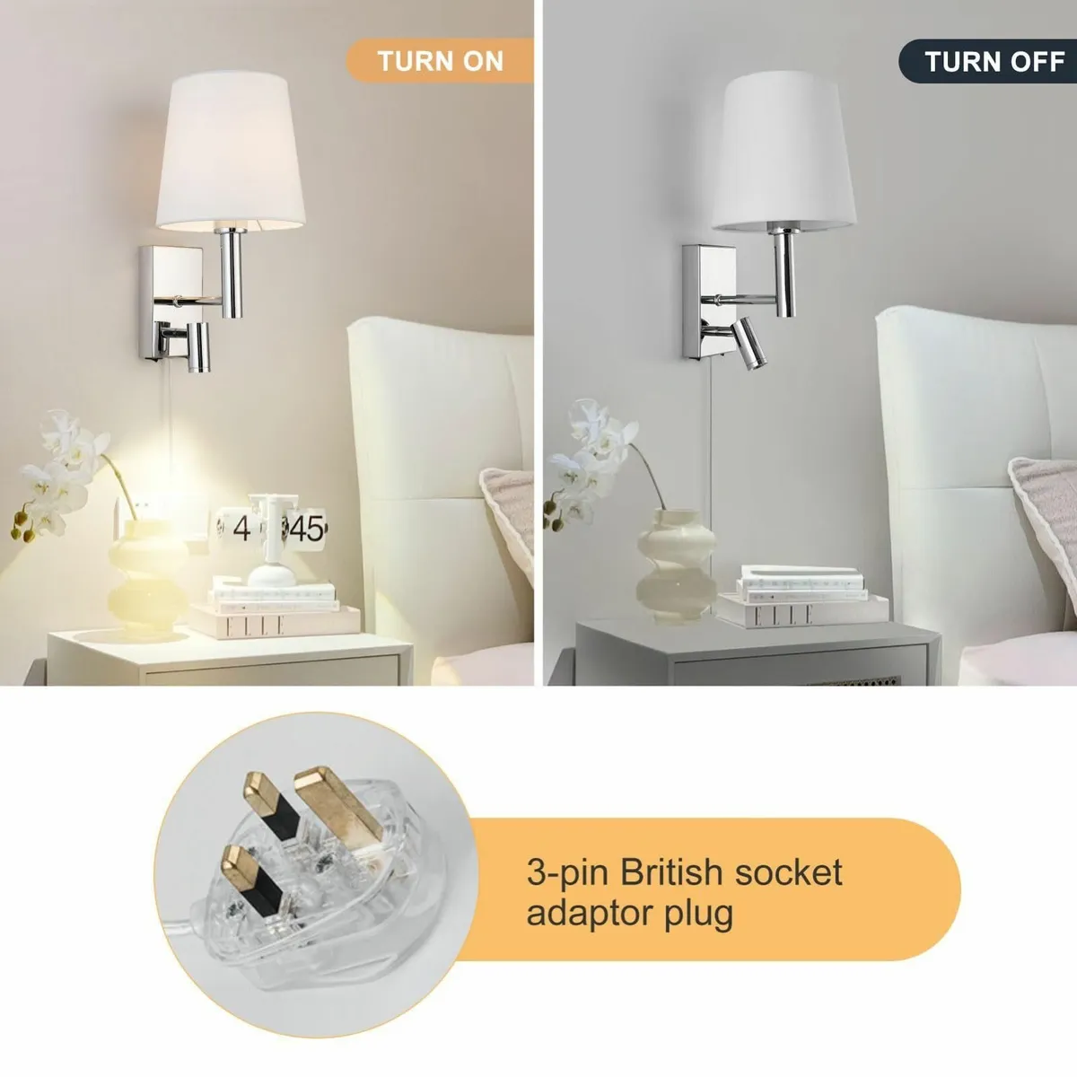 Plug-in Wall Light with LED Reading E27/ES Indoor - Image 3