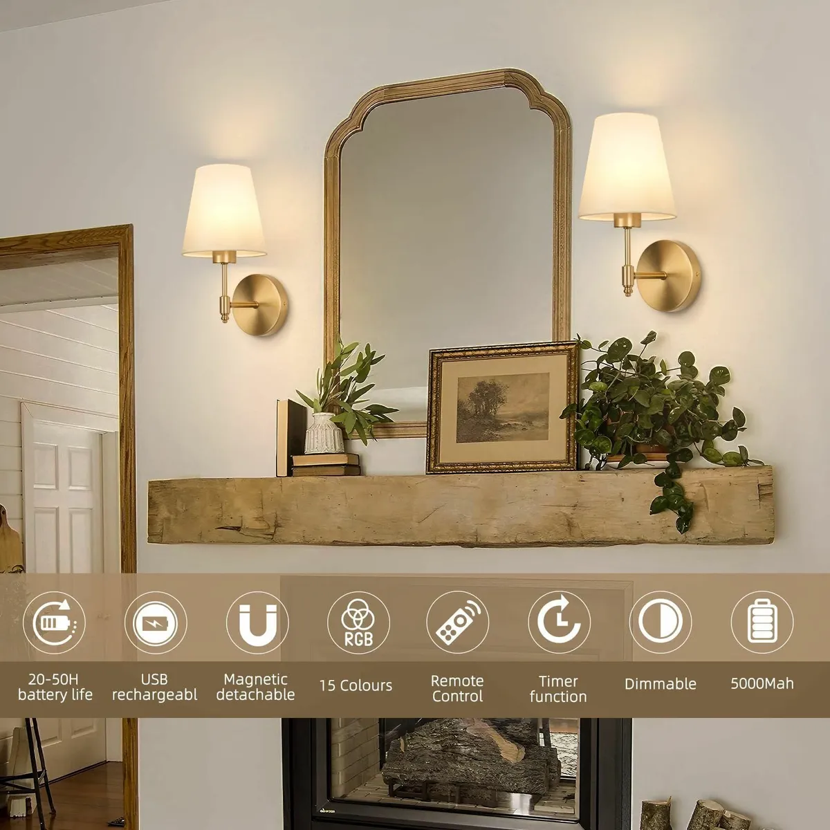 Battery Operated Wall Lights Rechargeable with - Image 2