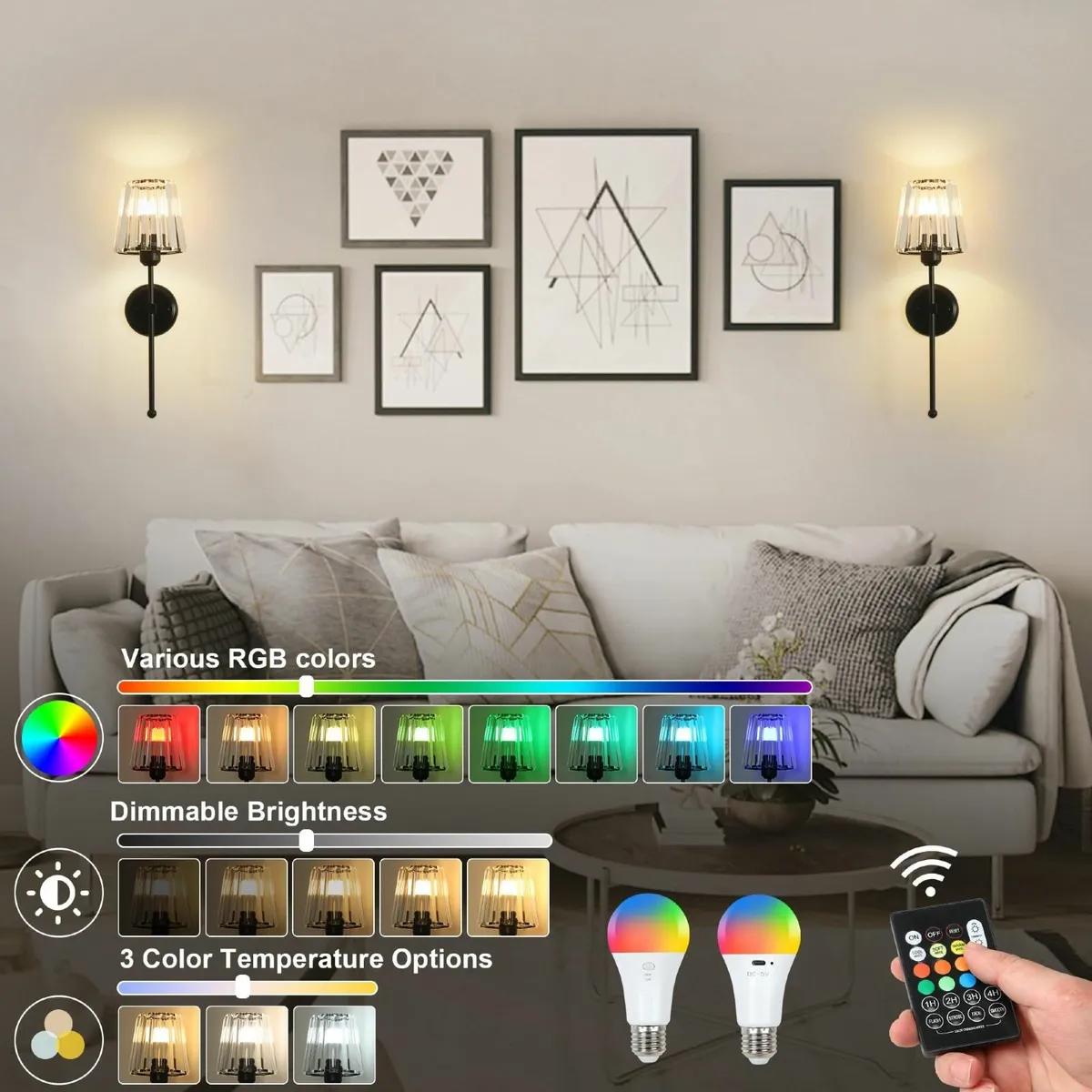 Battery Operated Wall Lights Set of 2 Rechargeable - Image 2