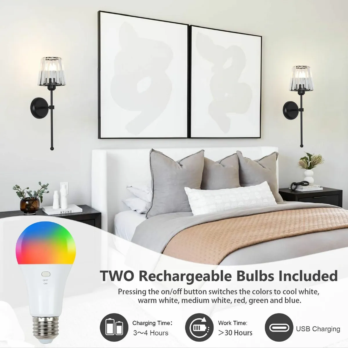Battery Operated Wall Lights Set of 2 Rechargeable - Image 3