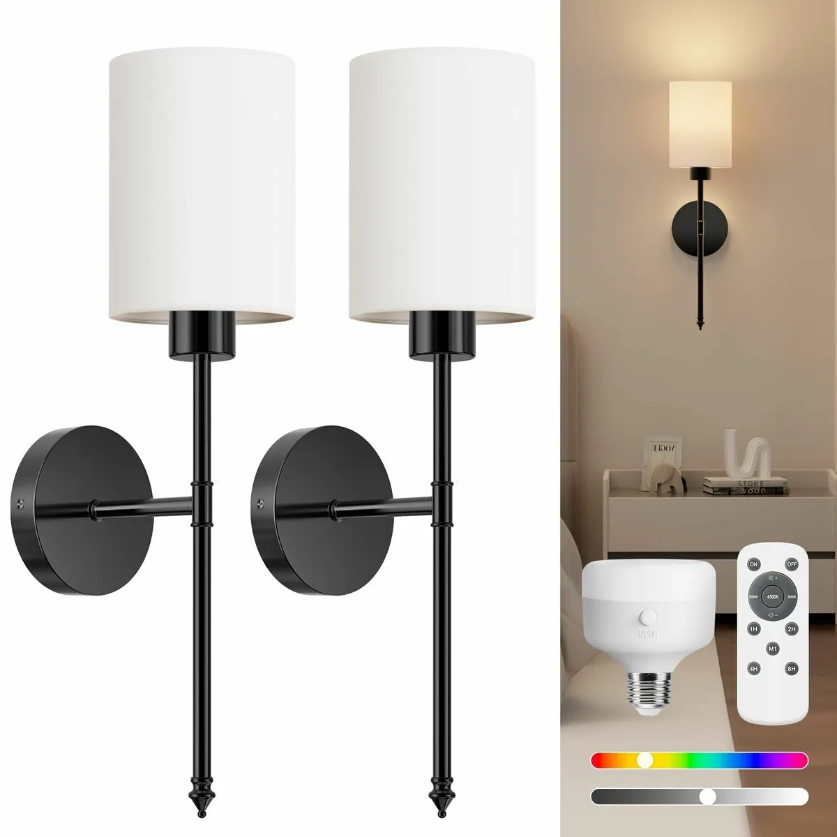 Battery Operated Wall Lights Black Wireless - Image 1