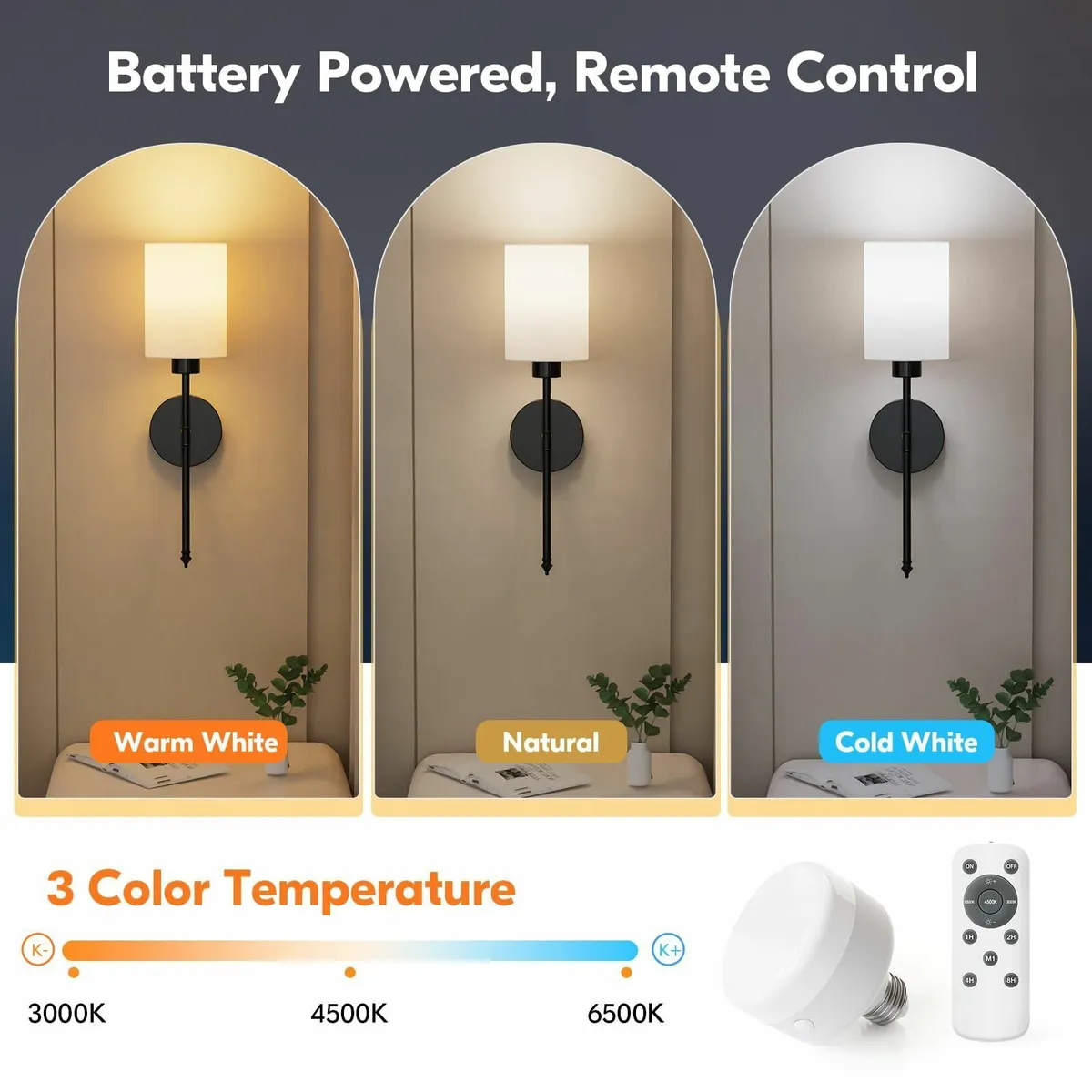 Battery Operated Wall Lights Black Wireless - Image 2