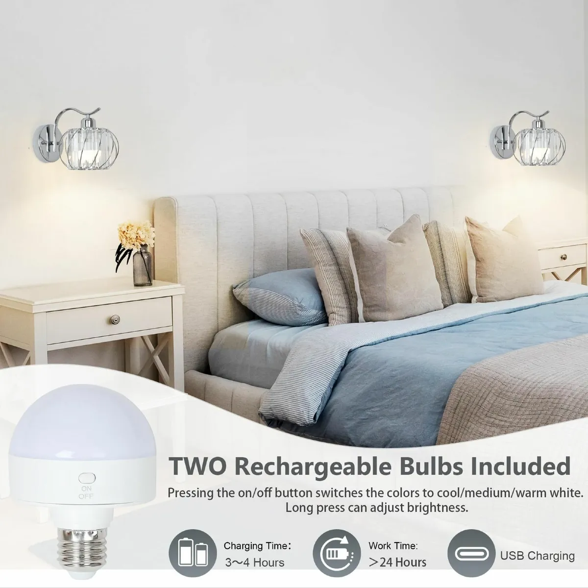 Rechargeable Wall Lights Set of 2 Battery - Image 3