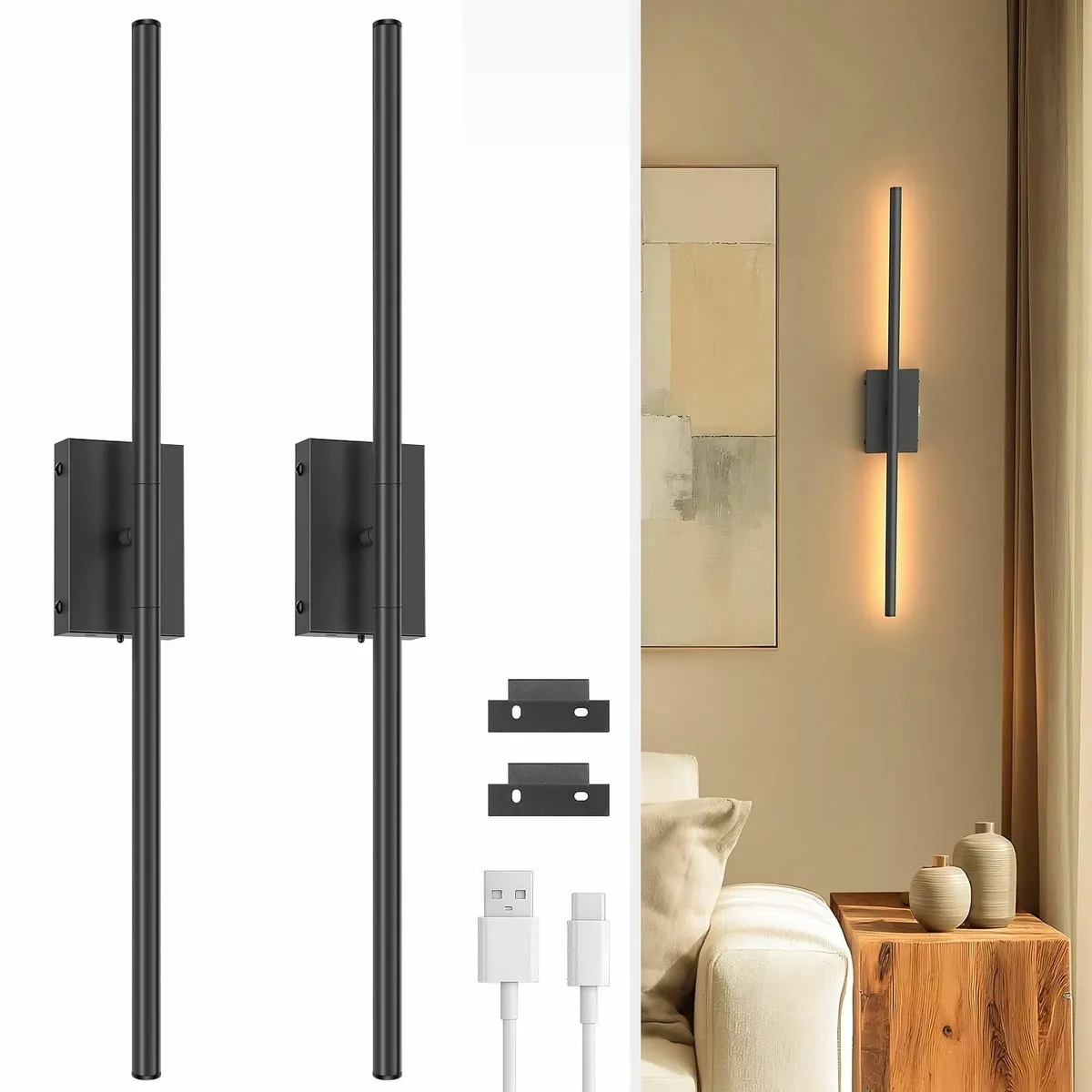 70CM Battery Operated Wall Lights Black Rechargeab - Image 1