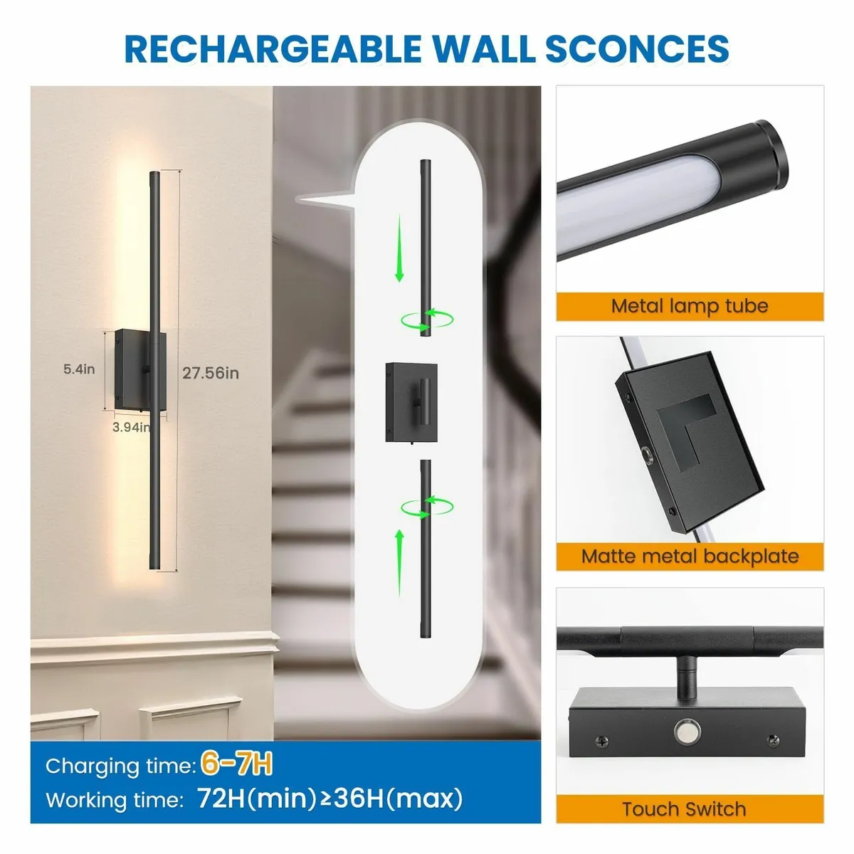 70CM Battery Operated Wall Lights Black Rechargeab - Image 4