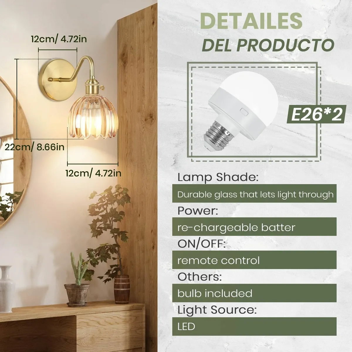 Battery Operated Wall Lights Rechargeable with - Image 3