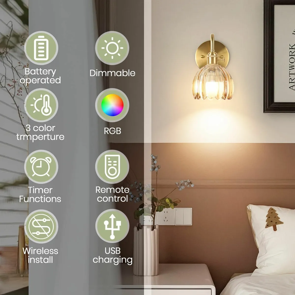 Battery Operated Wall Lights Rechargeable with - Image 4