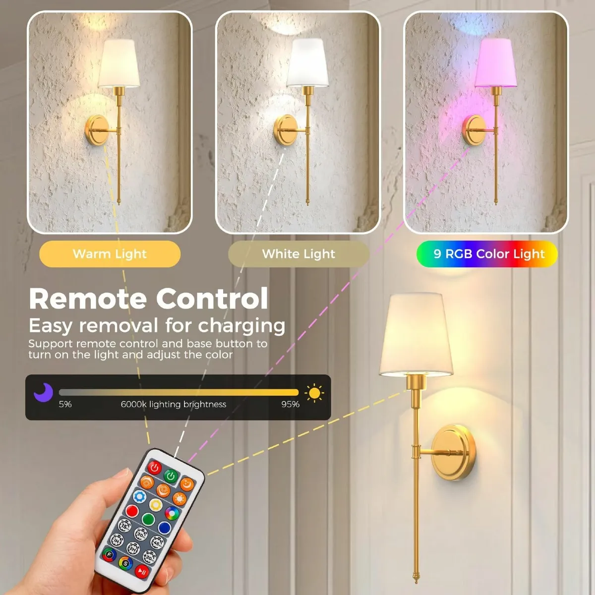 Battery Operated Wall Sconces Set of 2 Rechargeabl - Image 4