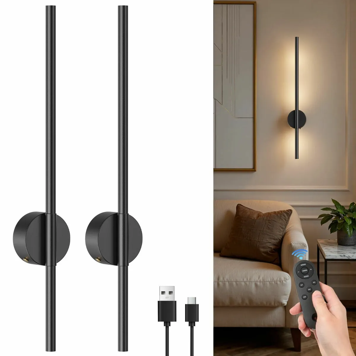 65CM Battery Operated Wall Lights Black Rechargeab - Image 1