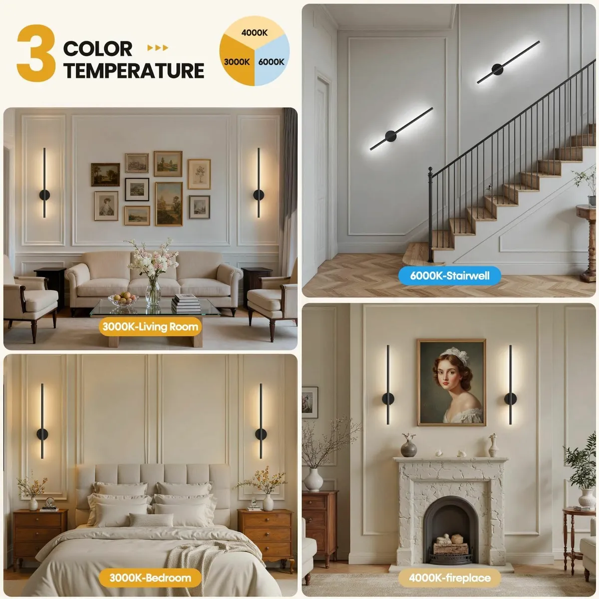 65CM Battery Operated Wall Lights Black Rechargeab - Image 3