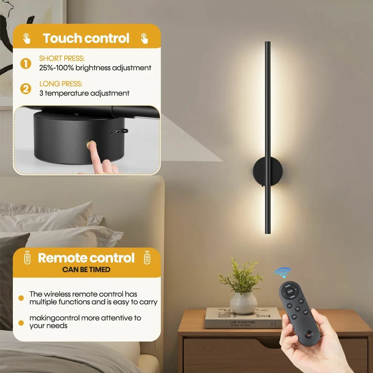 65CM Battery Operated Wall Lights Black Rechargeab - Image 4