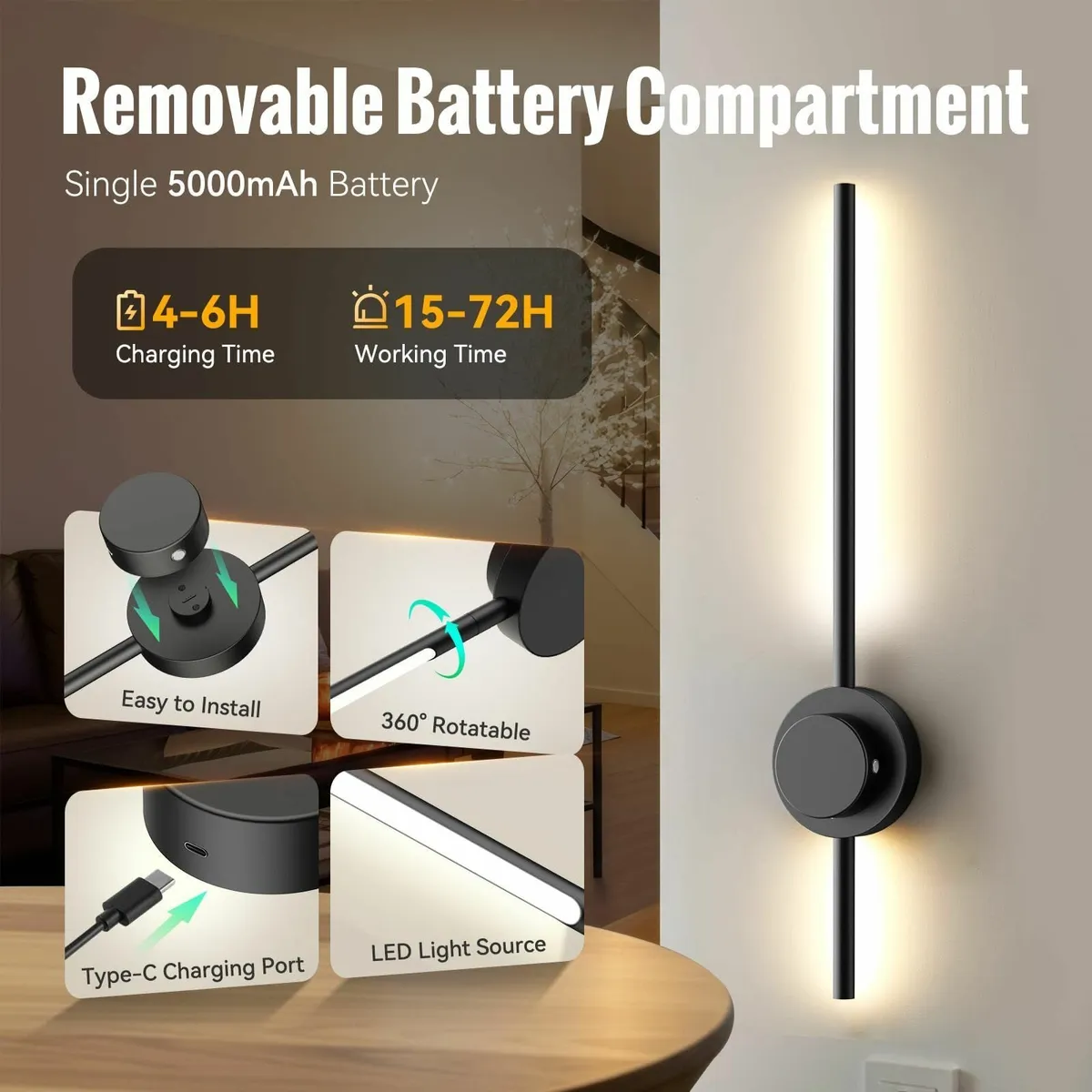 Rechargeable Wall Lights Indoor Set of 2 70CM - Image 3