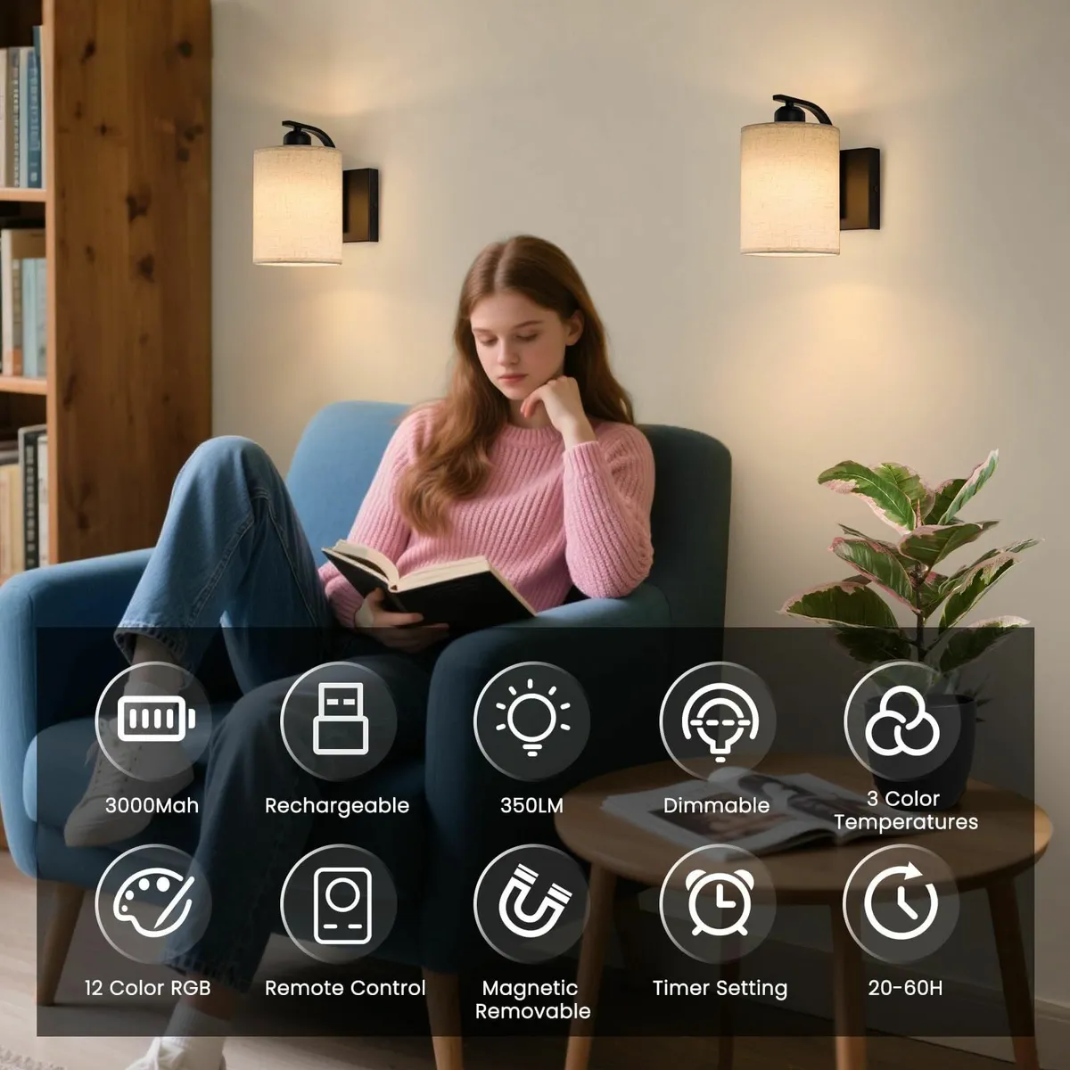 Battery Wall Light Wireless Set of 2 Rechargeable - Image 2