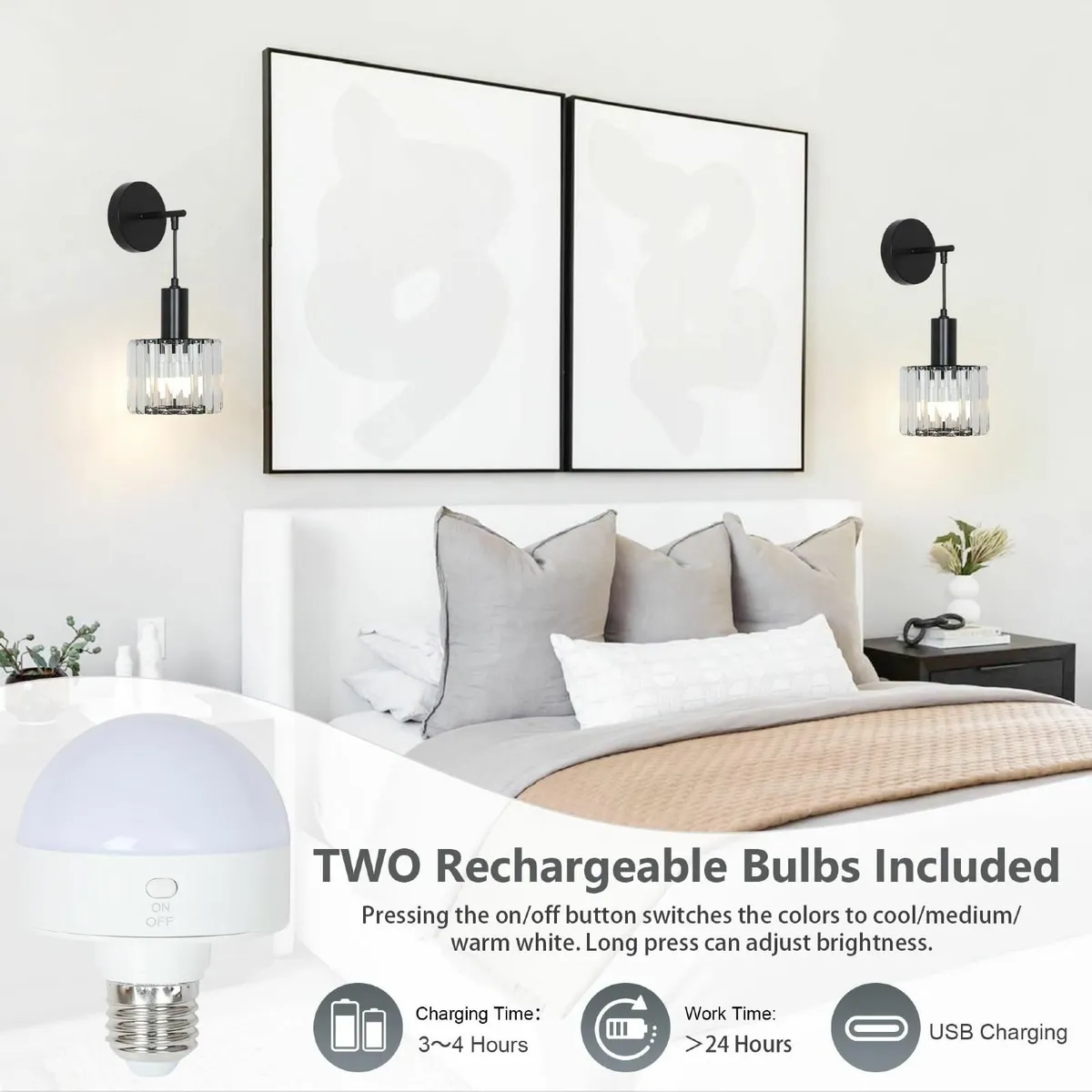 Battery Operated Wall Lights Set of 2 Wireless - Image 3