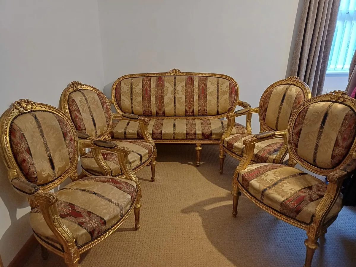 Ornate Gilt Louis XVI Style Sofa & Armchair Set