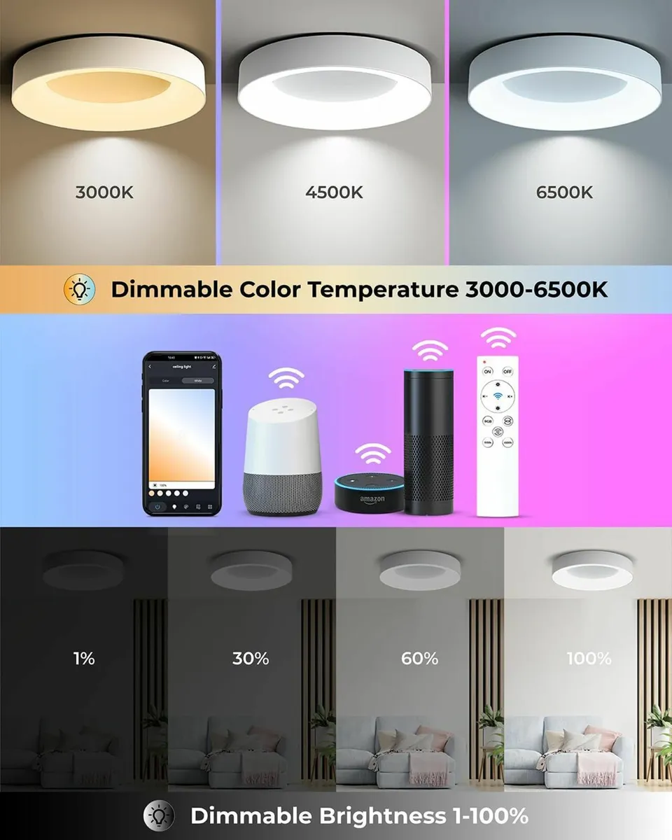 Smart Ceiling Light RGB with Remote Control 24W - Image 2