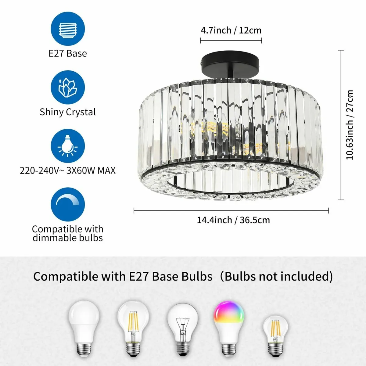 Black Chandeliers Ceiling Light 3-Light Crystal - Image 2