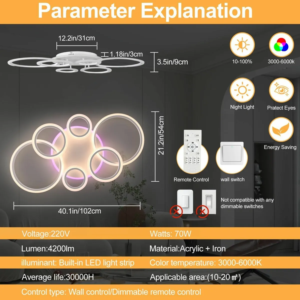 Dimmable LED Ceiling Lights with Remote Control - Image 2