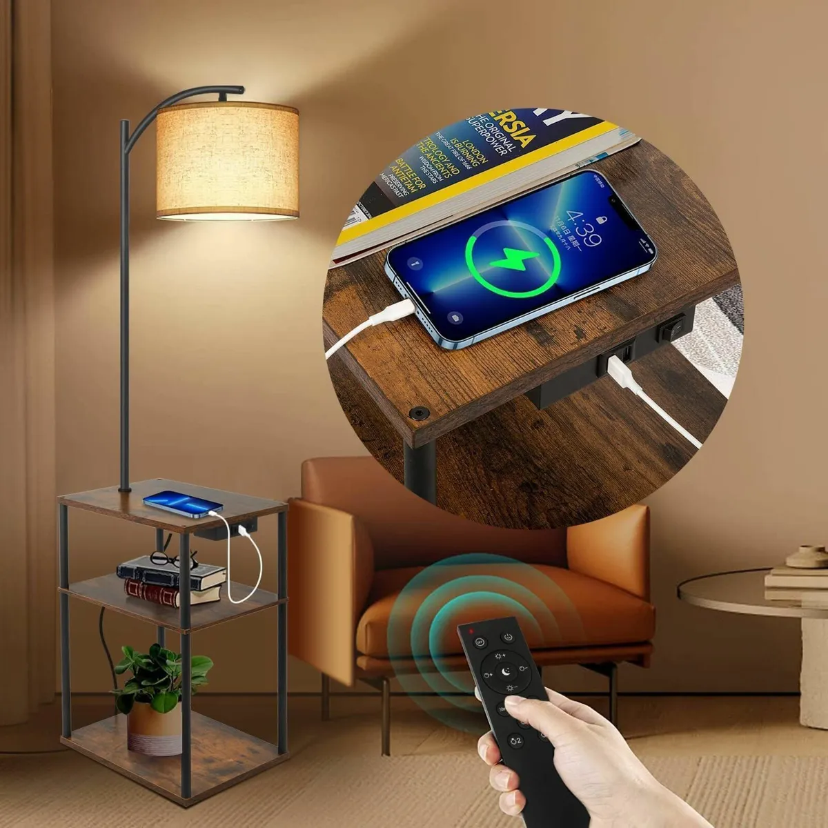 Floor Lamp with Table Lamps USB Ports 3-Color - Image 2