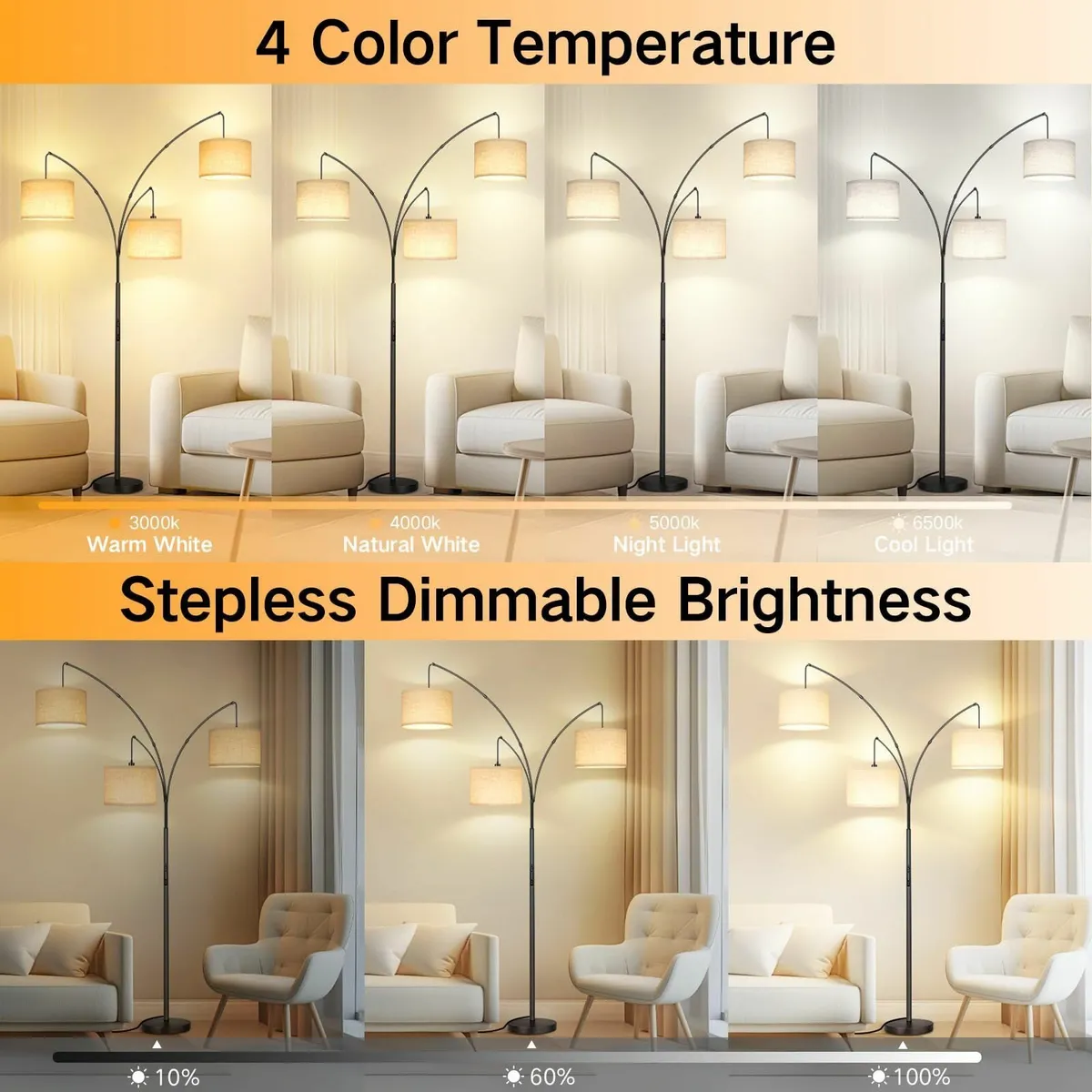 Arc Floor Lamp Dimmable with 3 Lights 4 Color - Image 2