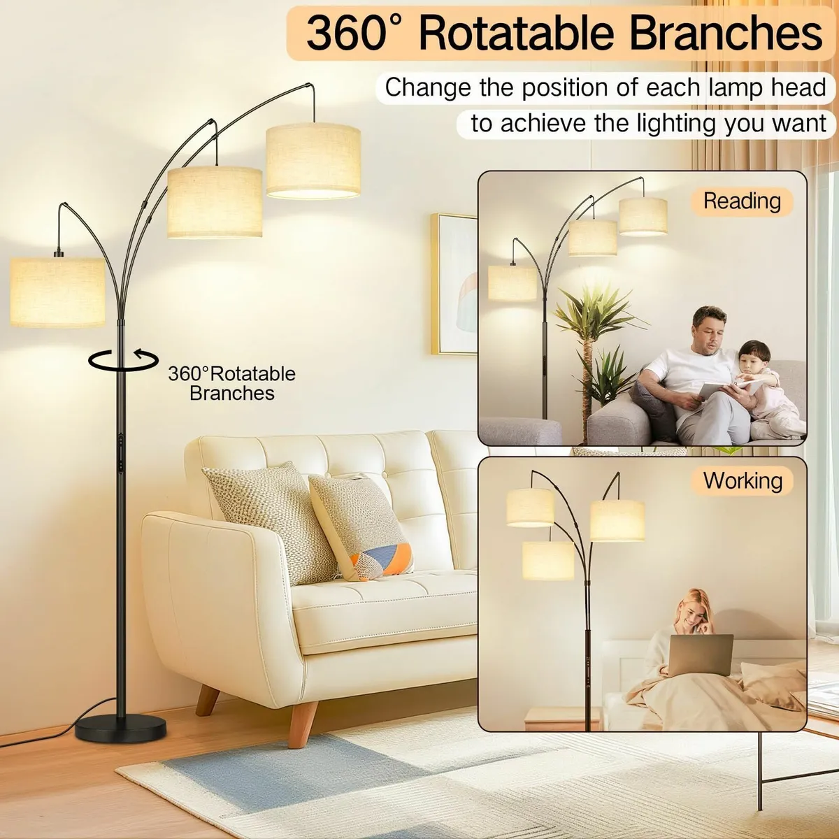 Arc Floor Lamp Dimmable with 3 Lights 4 Color - Image 3