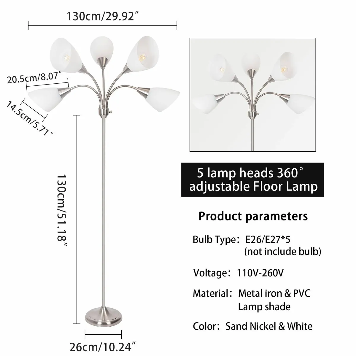 Floor Lamp 5 Adjustable Gooseneck Heads with - Image 2
