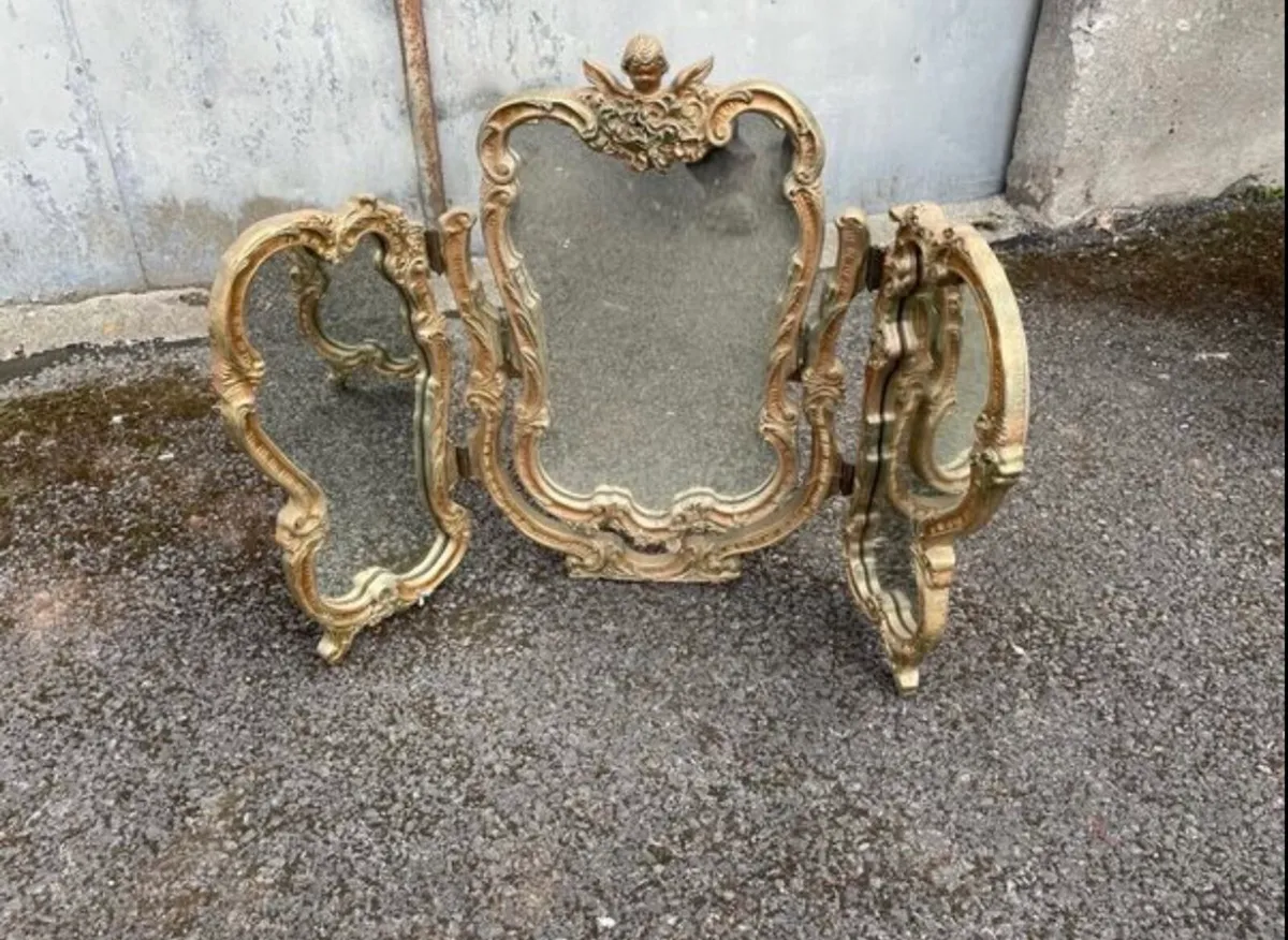 Carved three part gold mirror - Image 1