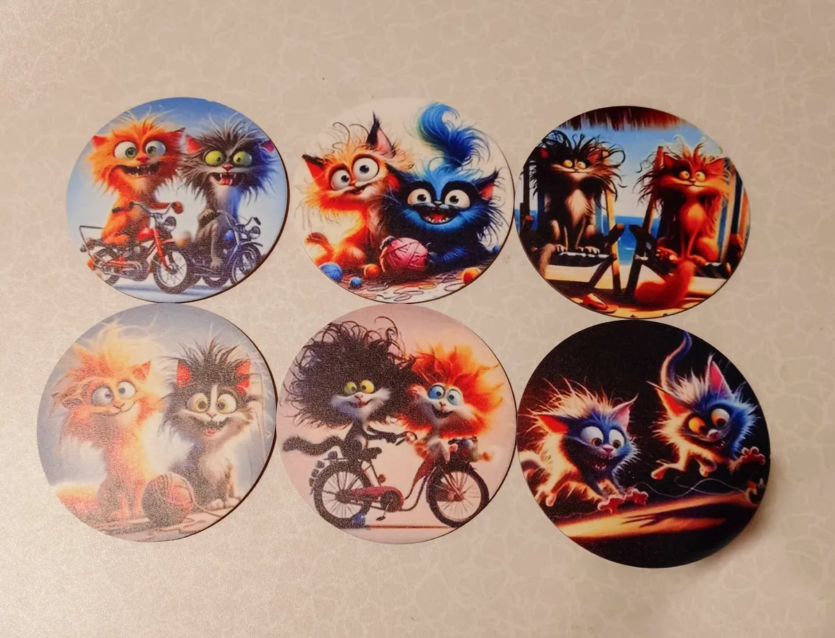 6 Cat Design, Timber Coasters (new). - Image 1