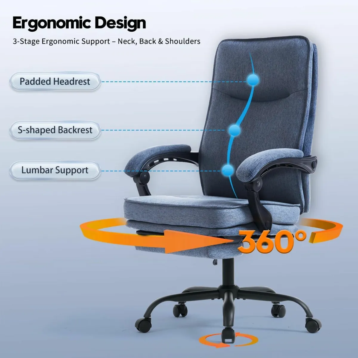 Fabric Office Chair with Footrest Ergonomic - Image 3