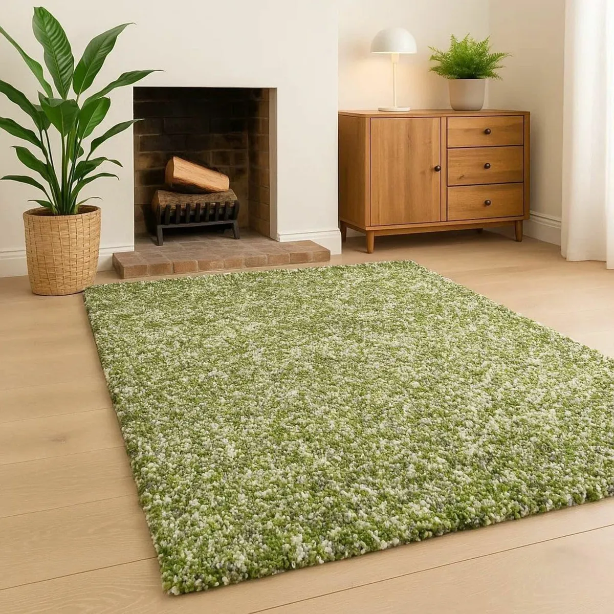 Green White Grey Spot Pattern Shaggy Rug Soft - Image 1