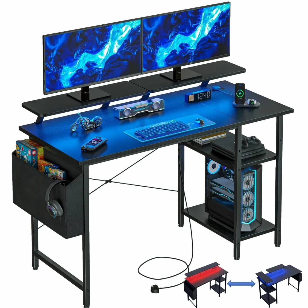 Gaming Desk with LED Lights Power Outlets - Image 1
