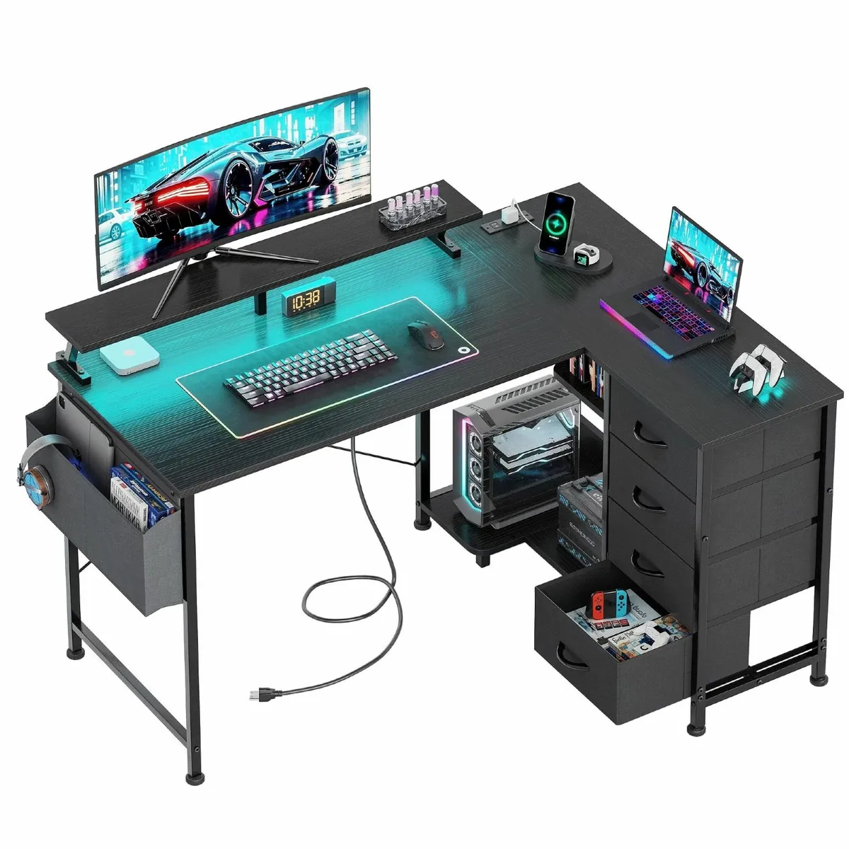 L Shaped Gaming Desk with 4 Drawers 47 Reversible - Image 1