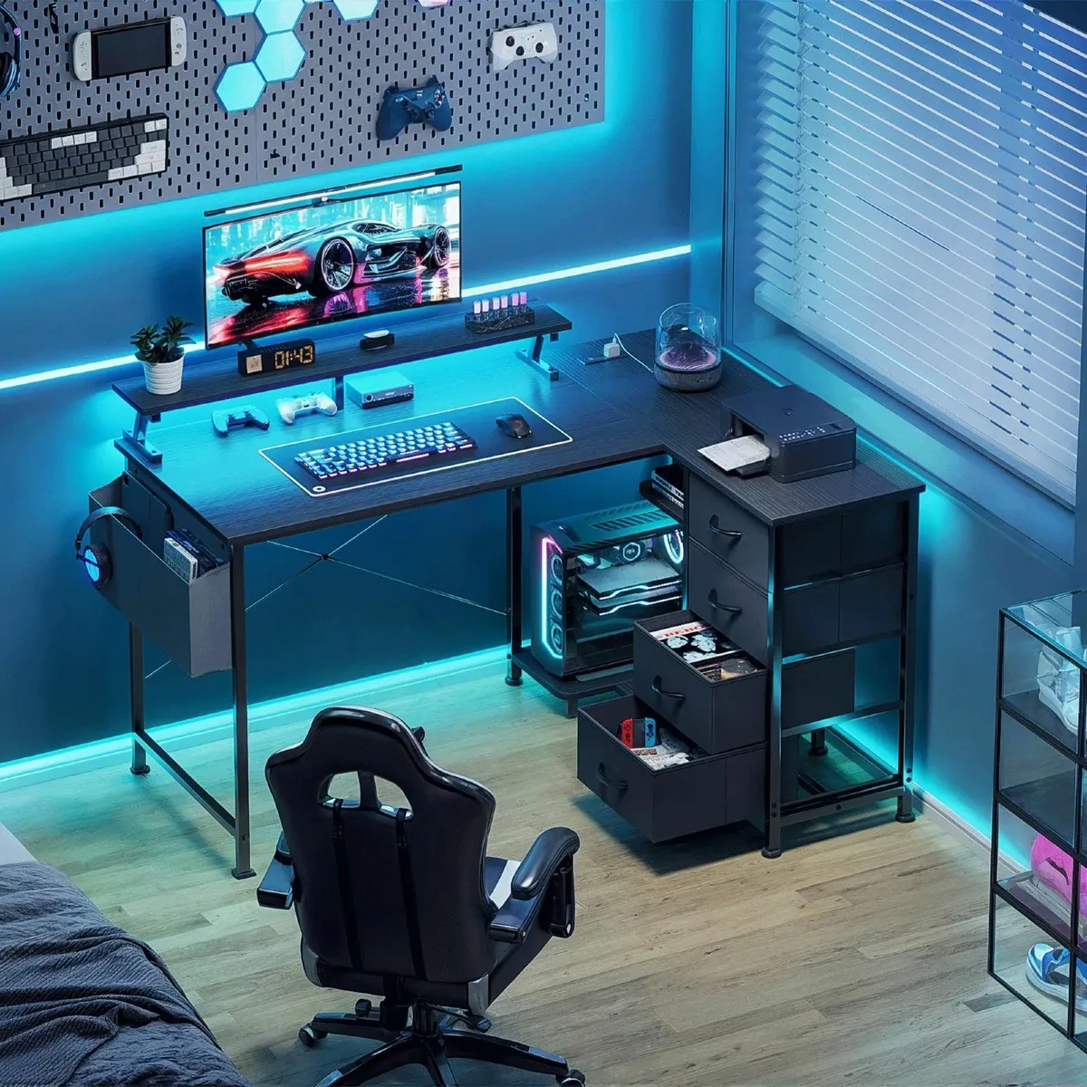 L Shaped Gaming Desk with 4 Drawers 47 Reversible - Image 2