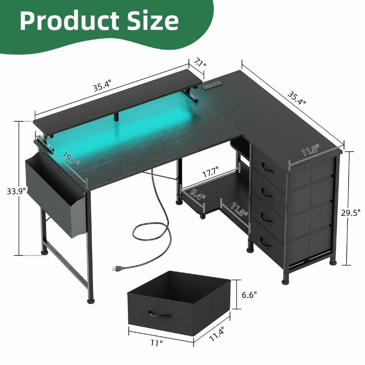 L Shaped Gaming Desk with 4 Drawers 47 Reversible - Image 3