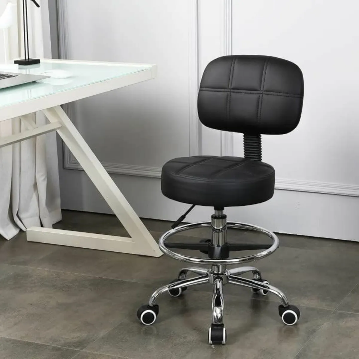 Swivel Round Rolling Stool PU Leather with - Image 2
