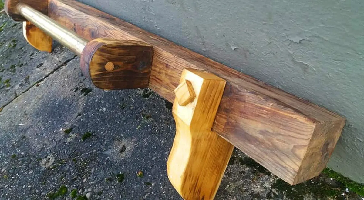 Rustic Oak n Brass Stove Mantle / Floating Shelf - Image 2