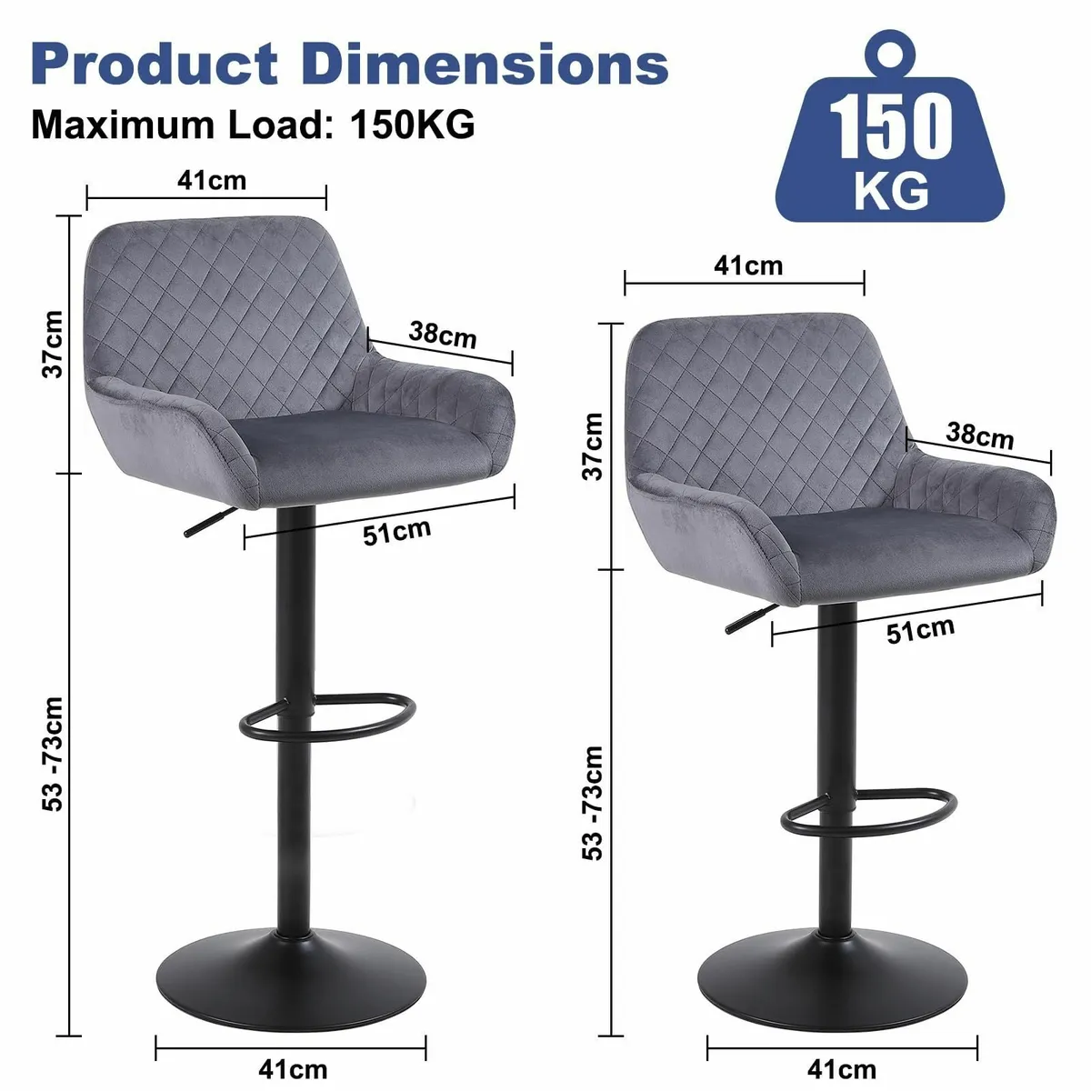 Bar Stools Set of 2 Height Adjustable Velvet - Image 3