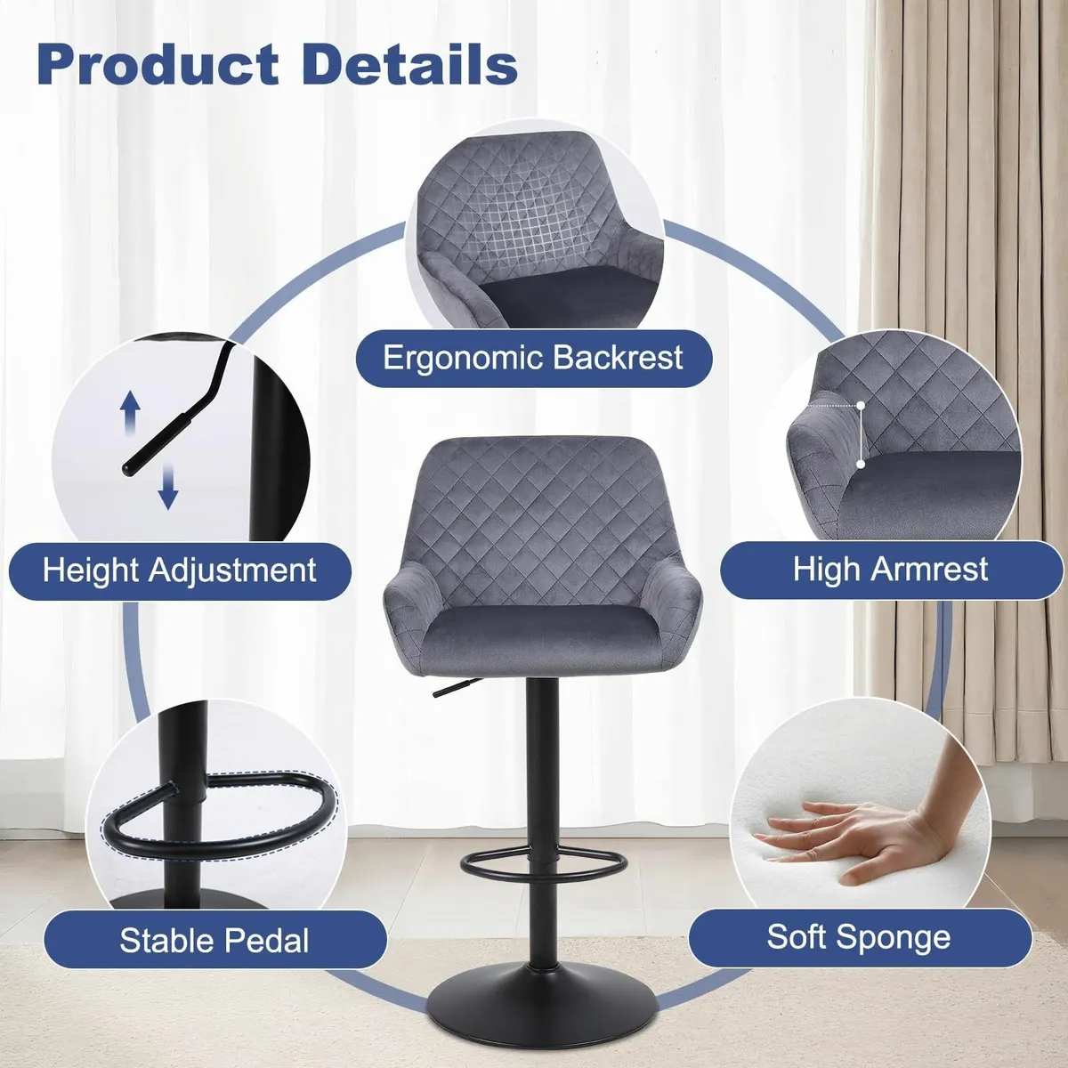 Bar Stools Set of 2 Height Adjustable Velvet - Image 4