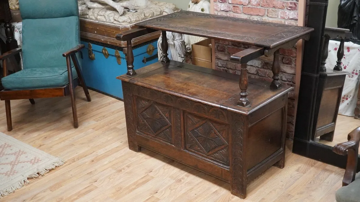 Edwardian Carved Oak Monks Bench Table - Image 4